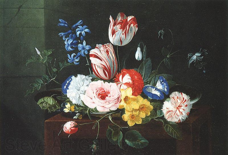 Jan van den Hecke Assiette de fleurs posee sur un entablement France oil painting art